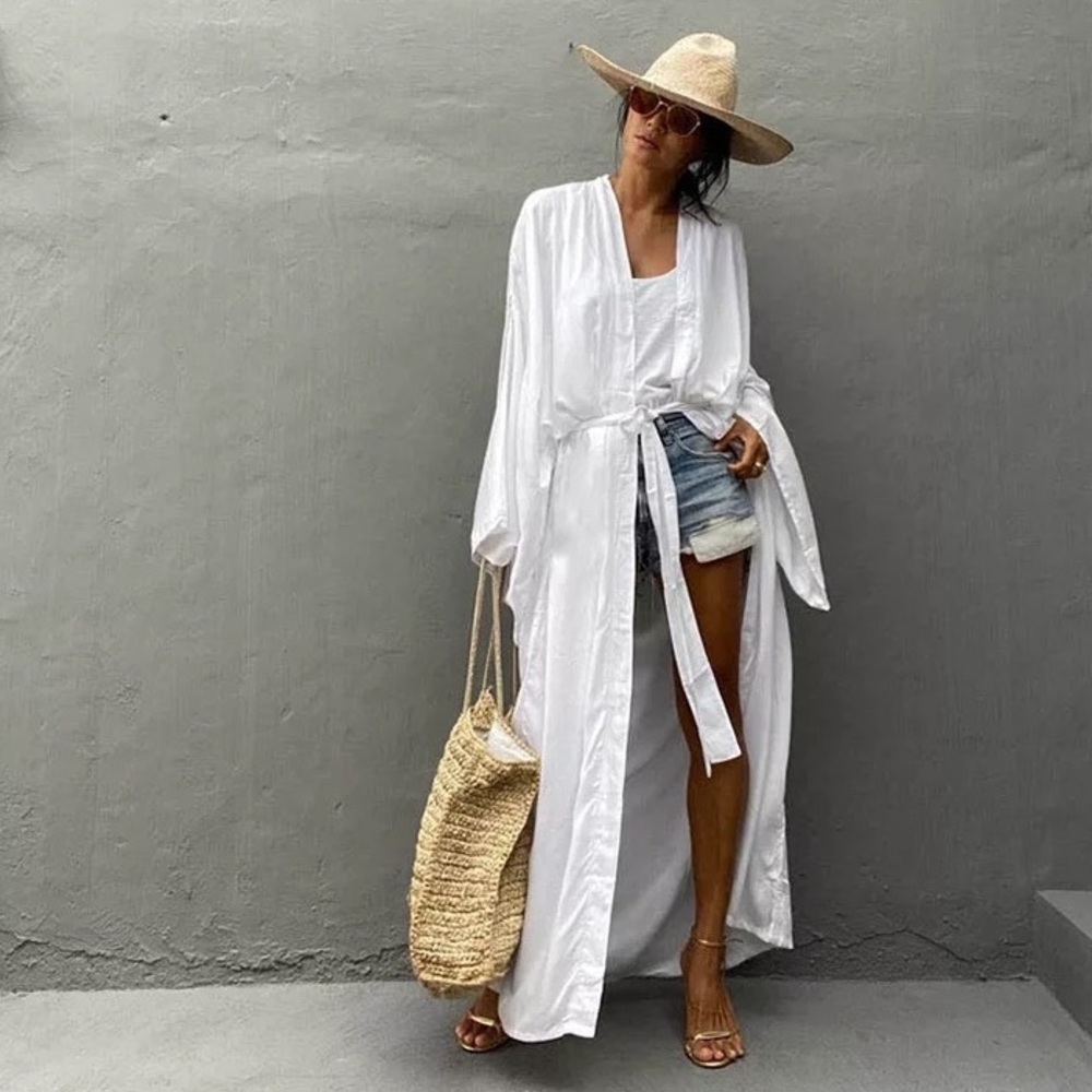 PreWashed Cotton Maxi Duster Kimono, Oversized Beach Coverup W/Sash Tie NWT - Picture 4 of 6